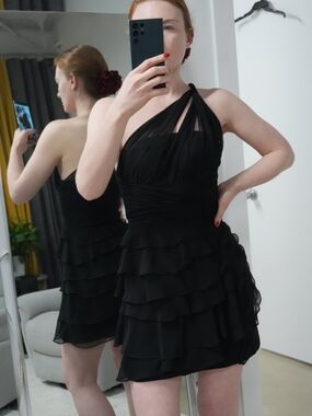 Dalia Macphee One-Shoulder Black Ruffled Mini Dress Size 2